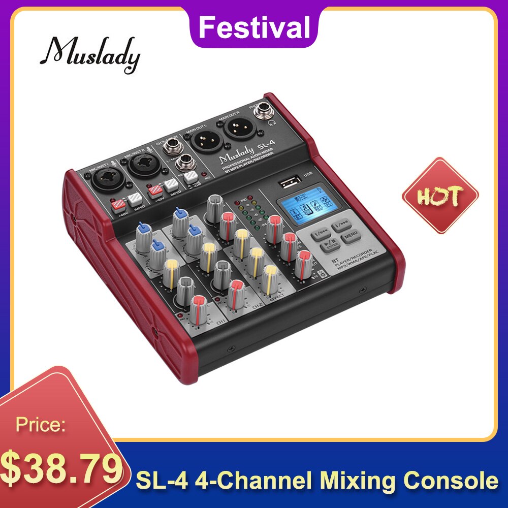 Muslady SL-4 Compact Size 4-Channel Mixing Console Mixer 2-band EQ Built-in 48V Phantom Power Supports BT Connection USB