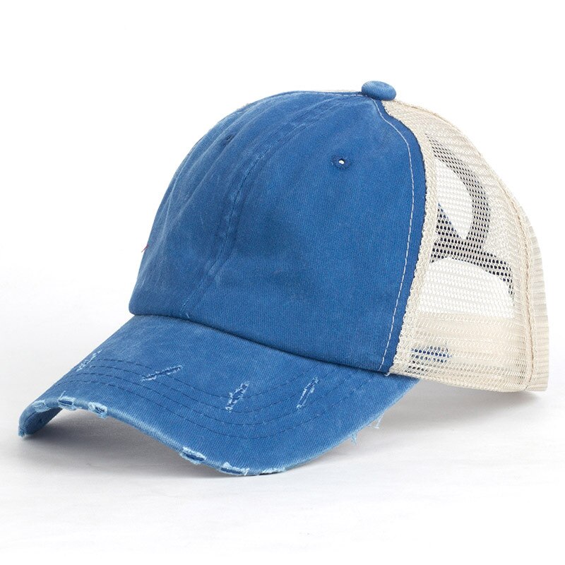 Casquette de Baseball maille soleil chapeau femmes et hommes été réglable os à la randonnée queue de cheval casquettes de relance accessoires de sport: Blue