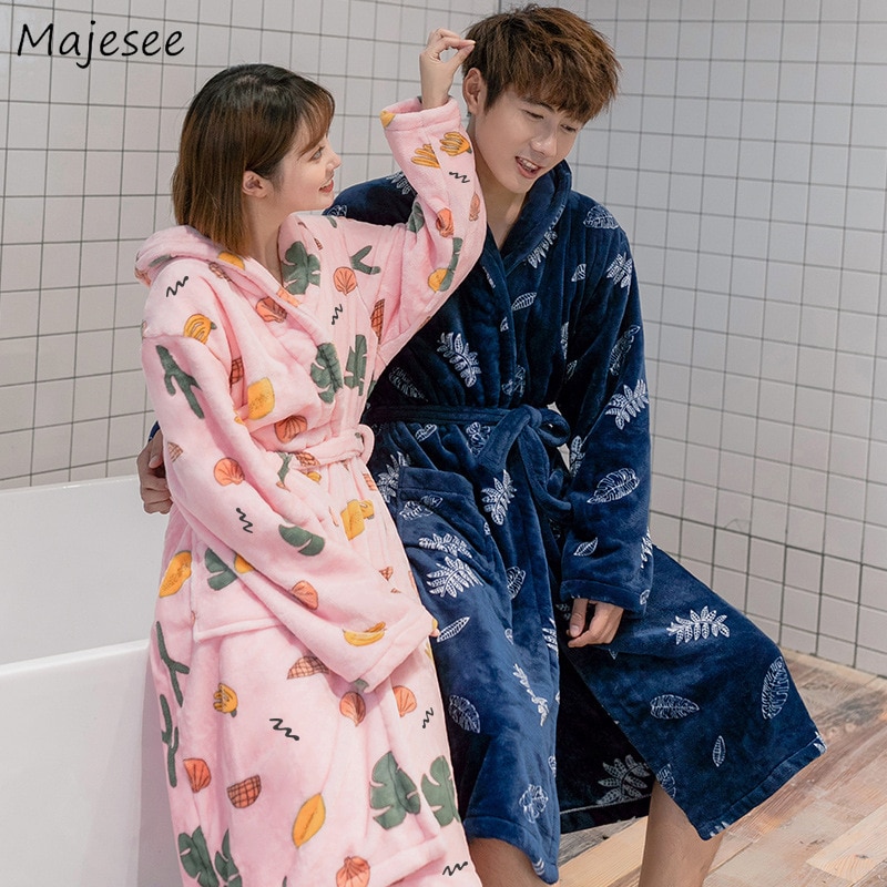 Gewaden Mannen Turn-down Kraag Gedrukt Flanel Warme Zachte Winter Dikkere Lange Eenvoudige Dagelijkse Mens Trendy Kleding chic