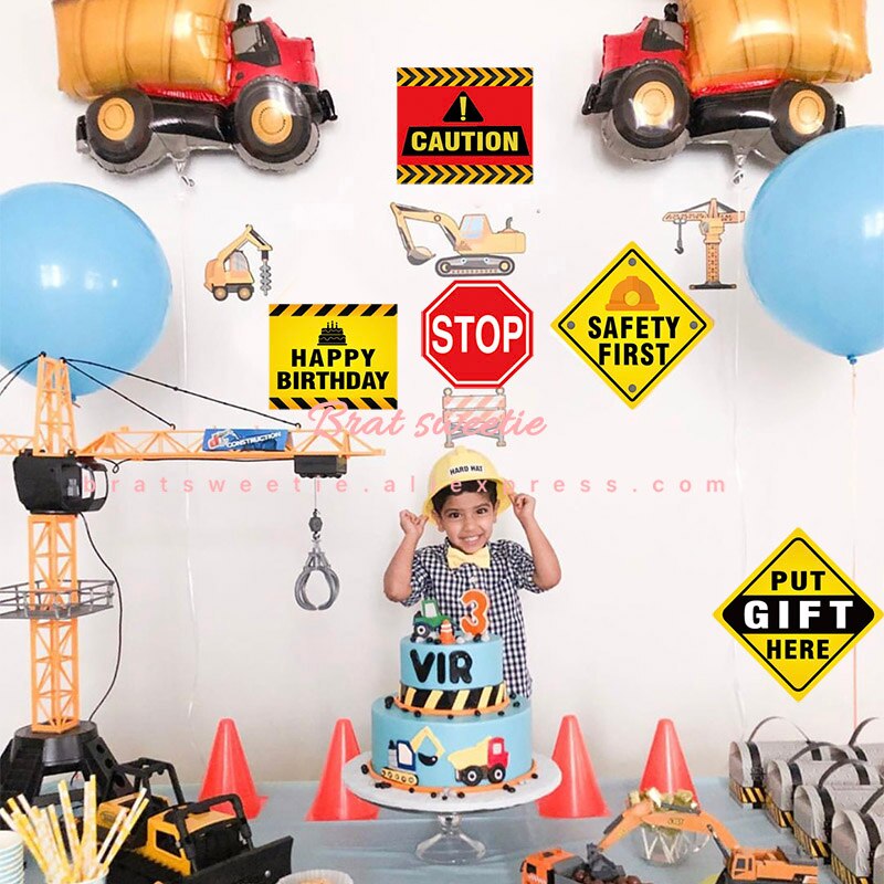 12pcs/set Construction Party Paper Traffic Signs Boys Themed Birthday Decorations Kids Party Supplies