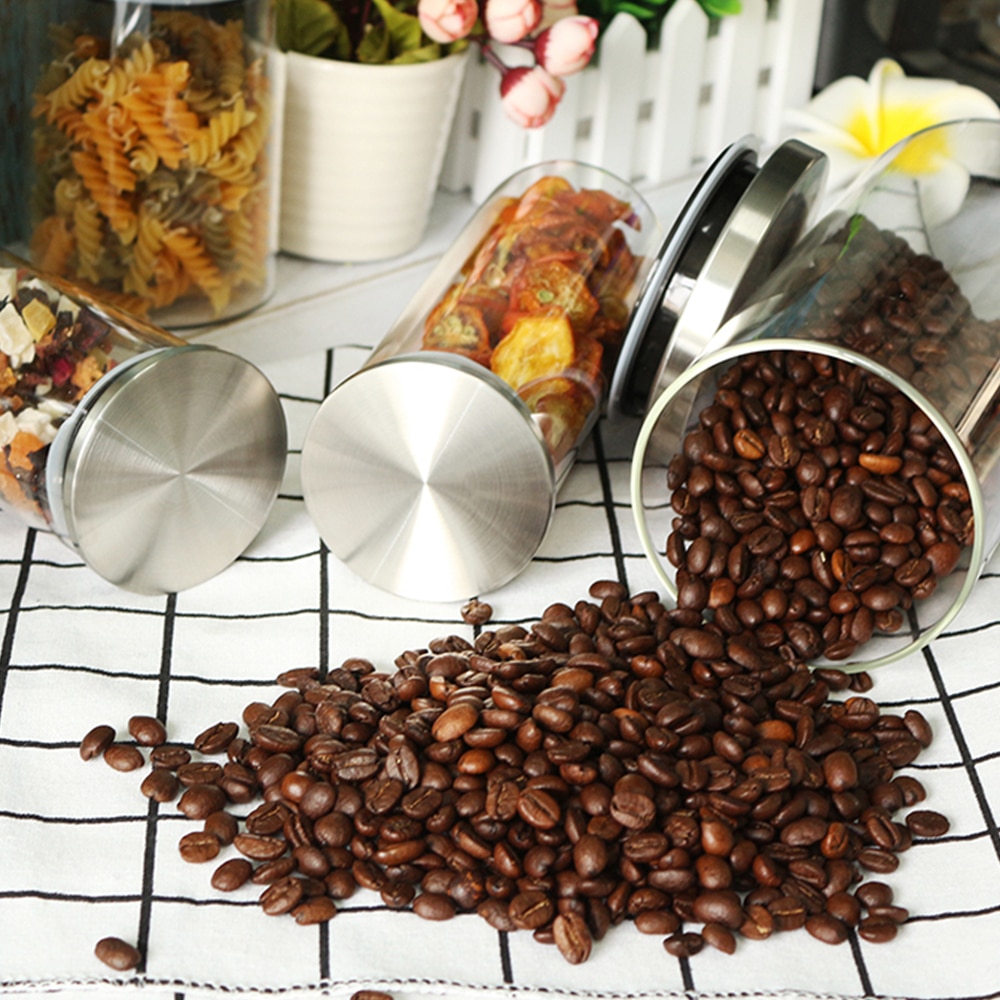 Frascos de almacenamiento de vidrio con tapas para cocina de acero inoxidable herméticas, latas selladas para almacenamiento de alimentos, especias, té y café, Banco de almacenamiento de dulces