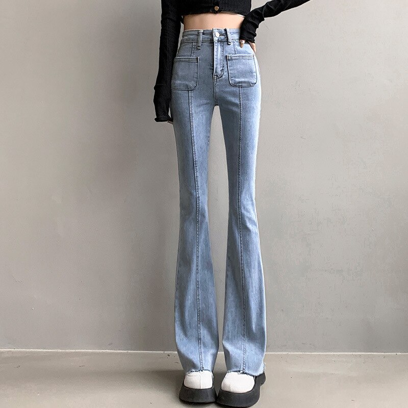 Blue Bell Bottom Jeans Women Personality Pocket Patchwork High Waist Wide Leg Jeans Y2k Stretch Skinny Denim Flare Pants