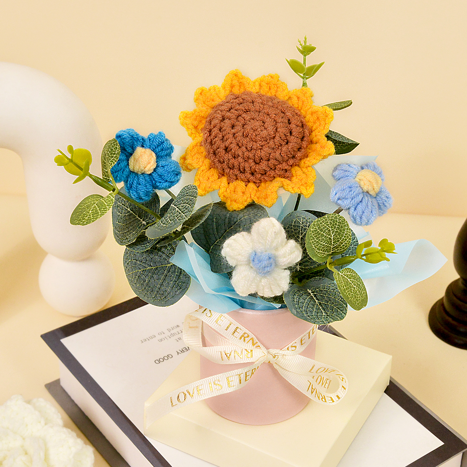 Ramos de flores de ganchillo hechos a mano, tela tejida de ganchillo, ramo de rosas y girasoles, decoración del hogar y para mujer, esposa, mamá, 1 ud.: Azul cielo