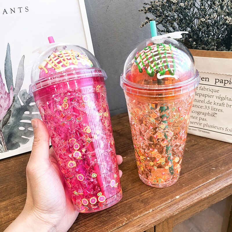 Summer Fruit Ice Cup Double Layer Refrigeration Net Red Straw Plastic Cup Large Capacity Korean Hipster Cup