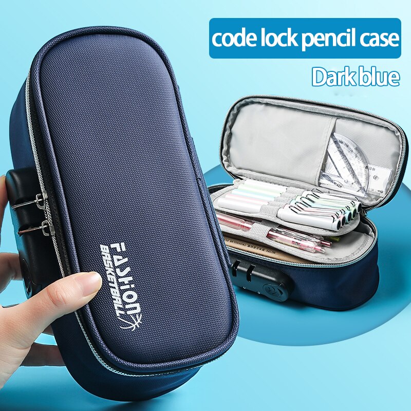 Zanken-estuche de lápices con contraseña para mujer, estuche de gran capacidad con dibujos animados, multifuncional para estudiantes, creatividad: Dark blue