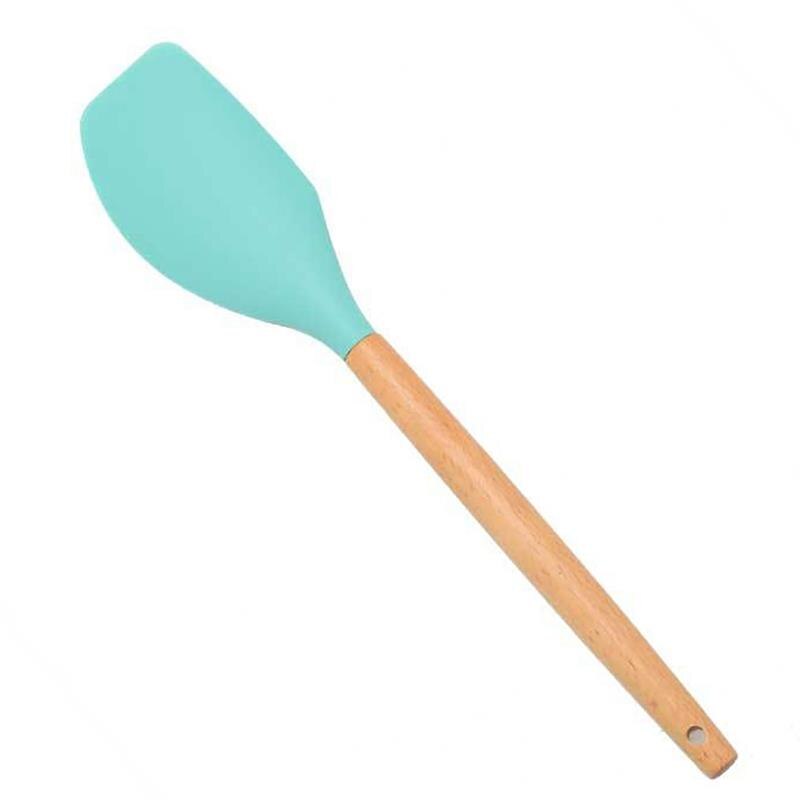 Mint Green Kitchen Utensil Non-Stick Wood Handle Cooking Utensil Premium Silicone Material Baking Spatula Spoon Kitchen Supplies: 6