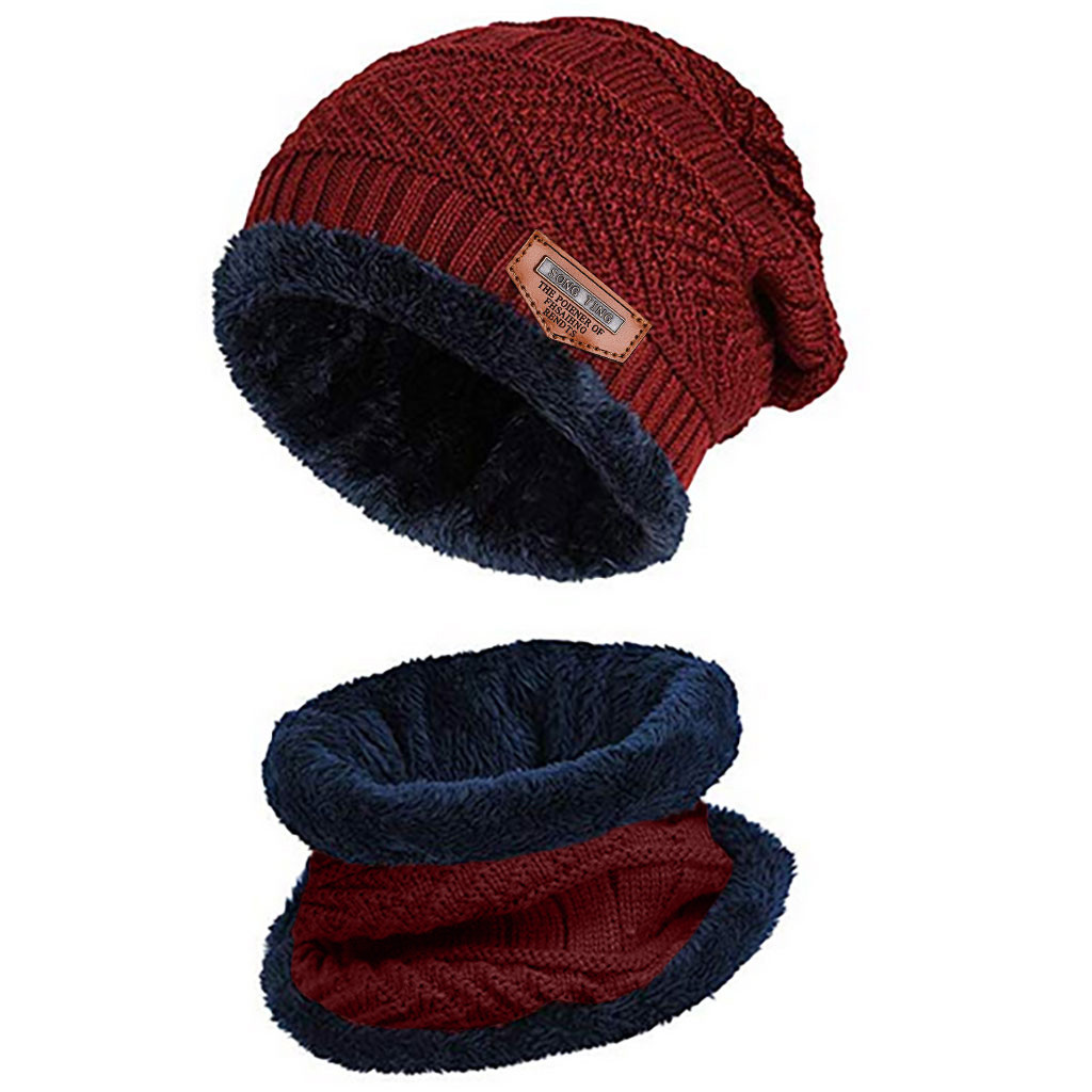 Vinter strikket hue tørklæde sæt til mænd tyk fleece varm hue hat tørklæde sæt solid strik vindtæt udendørs ski cap ring tørklæde: Rød