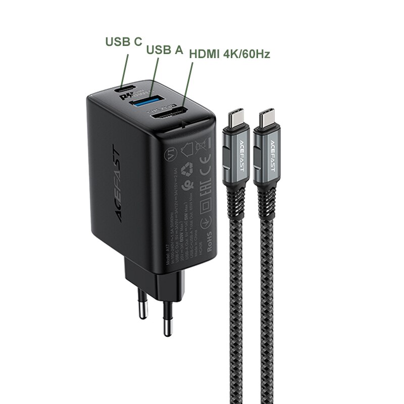 ACEFAST-estación de acoplamiento de TV Compatible con HDMI, cargador portátil GaN de 65W, 4K/60Hz, para Switch, 3 puertos tipo C, QC3.0, Notebook: EU Black