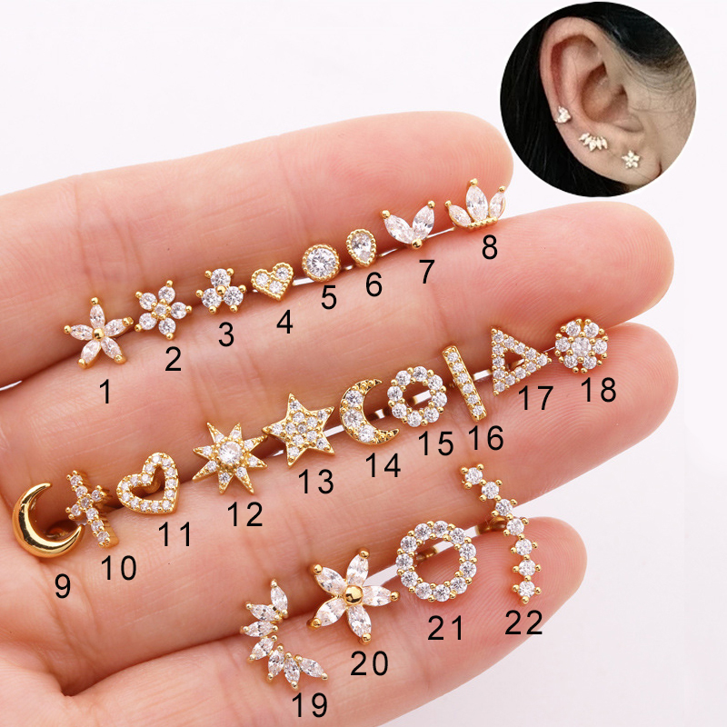 Crystal Star Moon Helix Piercing Earrings For Women Trendy Gold Color Ear Cartilage Tragus Studs Zircon Flower Jewelry KAE269-M: WHITE / Light Yellow Gold Color