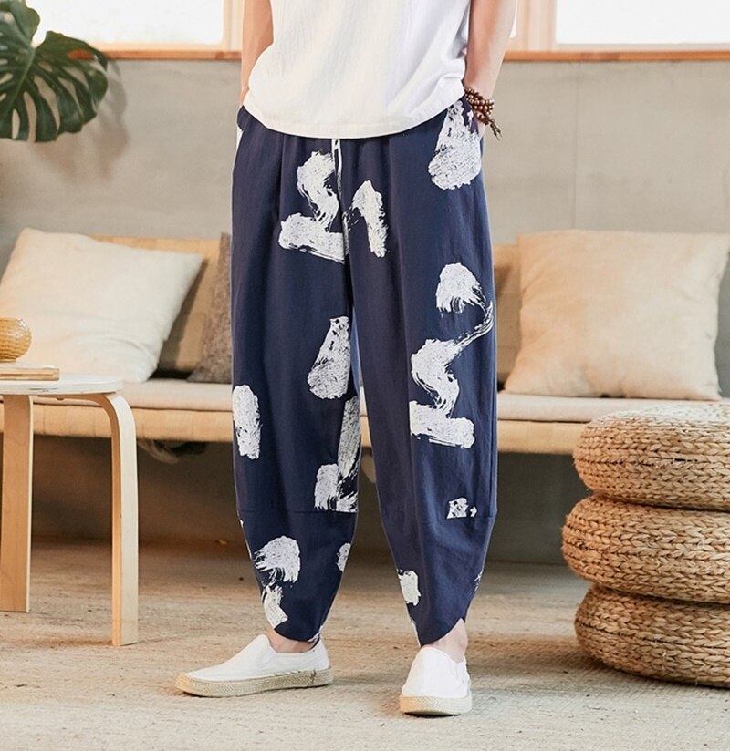 Kimono spodnie Streetwear chińskie tradycyjne ubrania dla mężczyzn szerokie nogawki japońskie spodnie lniane Baggy Hippie spodnie męskie 10627