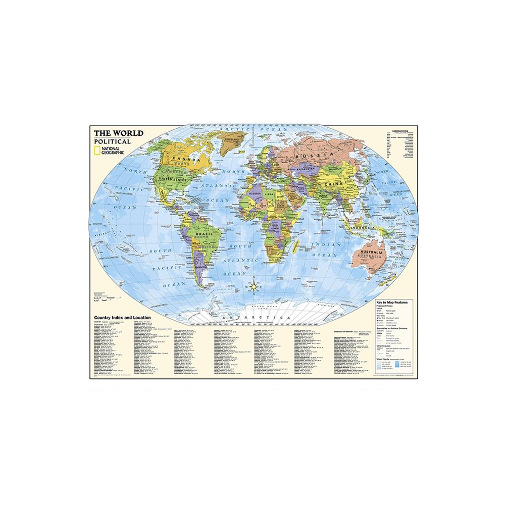 The World Physical Non-woven Map with Country Index And location and The Key To Map Feature For Culture And Education 150x225cm