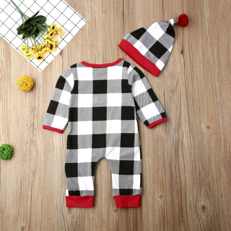2019 Primavera Outono Vestuário Infantil Do Bebê Da Menina do Menino Roupas de Bebê Xadrez Romper Manga Comprida Macacão Chapéu de Papai Noel 2Pcs outfit Set