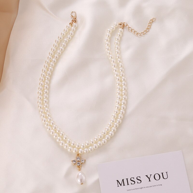 Dubbele Gelaagde Parel Ketting Voor Vrouwen Wit Imitatie Parel Choker Ketting Sleutelbeen Ketting Bruids Bruiloft Sieraden