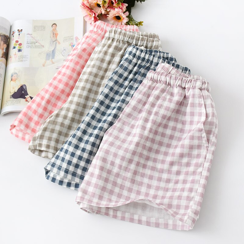 Pantalon pyjama d'été à carreaux en gaze de coton pour homme et femme, bas de nuit, fin, vêtements de nuit,