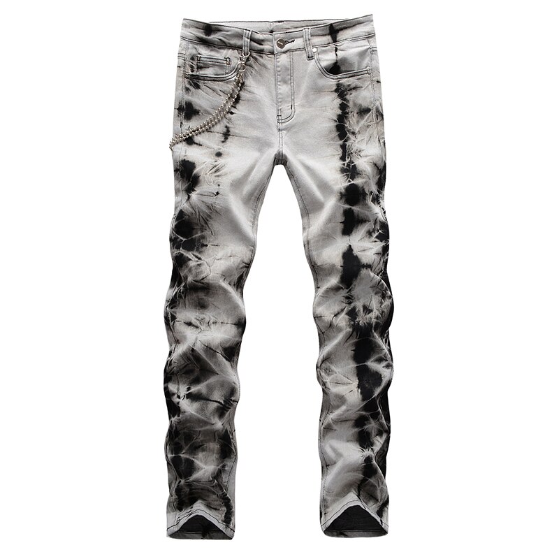Slips för män och färgade snötvättade jeans med kedja streetwear slimmade stretchbyxor grå svarta byxor