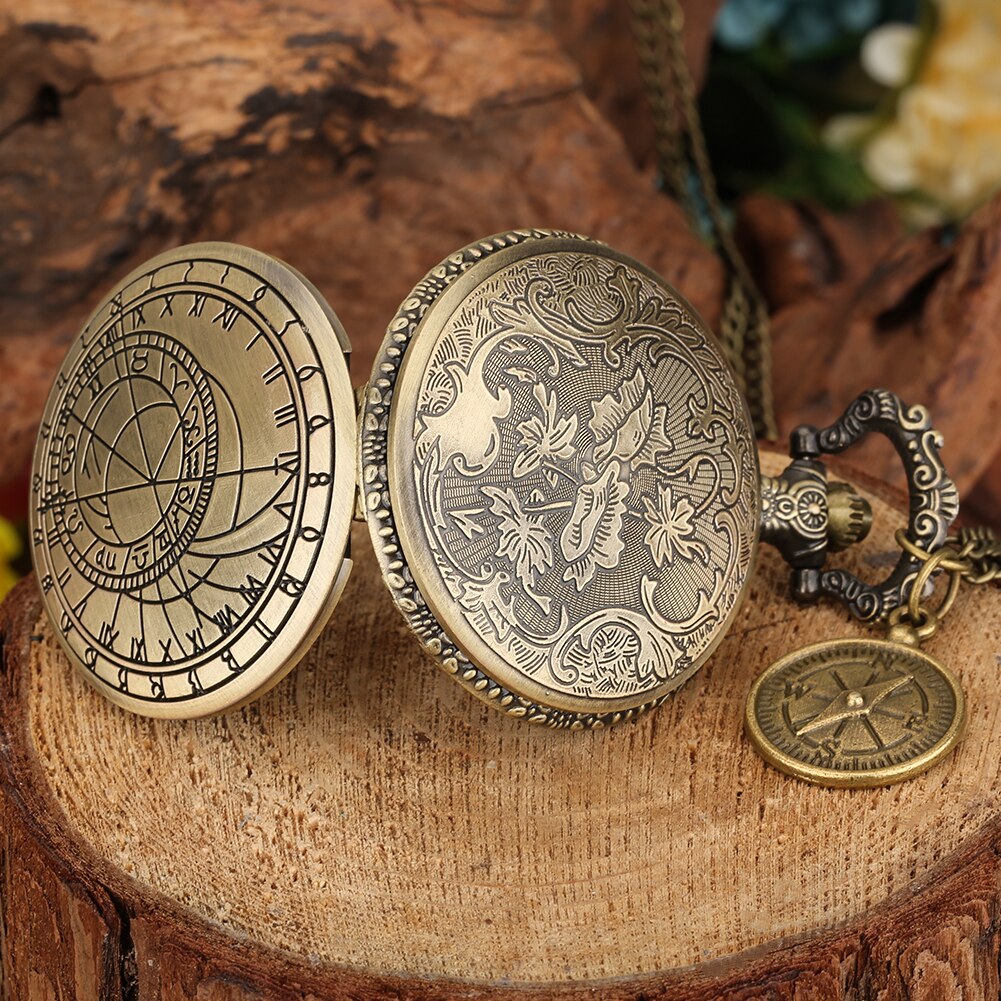 Unisex Antique Astrology Compass Pocket Watch Quartz Retro Bronze Necklace Fob Clock with Chain Compass Accessory Man Women