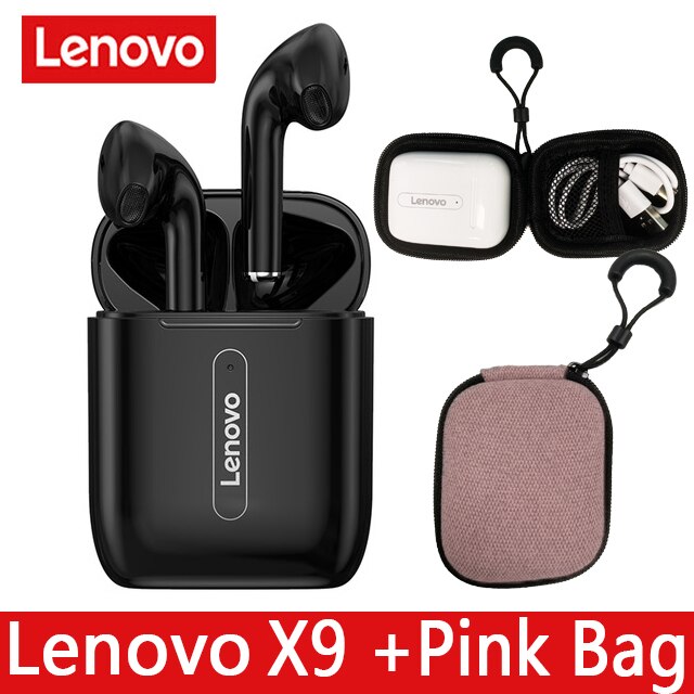 Lenovo X9 True Wireless bluetooth 5.0 Earphone Touch Control Dynamic HIFI Stereo Earbuds Handsfree Sport Headset 300mAh: Black ad pink Bag