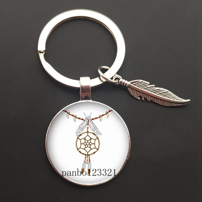 Dream Catcher Tone Key Chain Dream Catcher Feather Round Glass Convex Photo Keychain