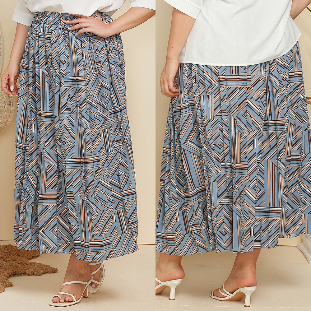 2024 Lente En Herfst Plus Size Dames Geometrische Print Plooirok Losse Lange Rok Jr119