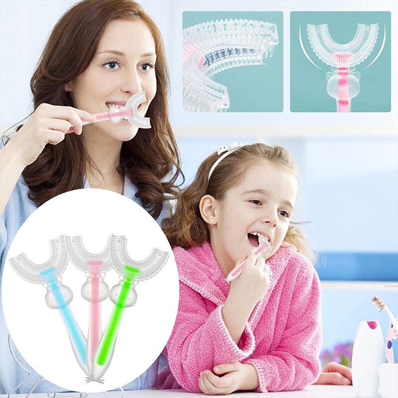 2 pezzi per bambini a forma di U spazzolino da denti in Silicone per la pulizia dei denti spazzole per denti a bocca intera 360 ° denti orali puliti per 6-12 anni