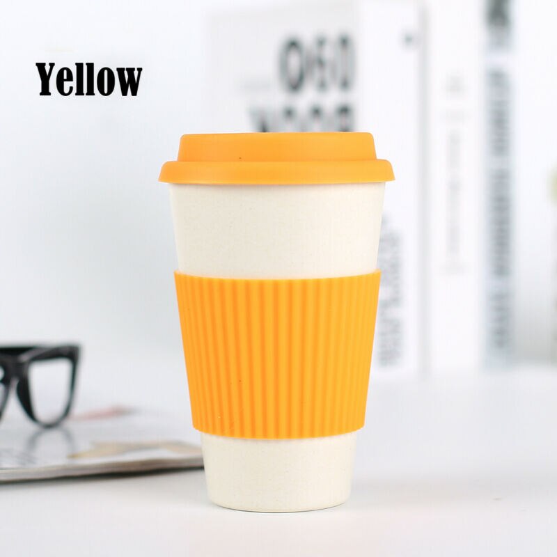 Reusable Bamboo Fibre Coffee Tea Cup Mug Wheat Straw Travel Cup with Silicone Cup Lid