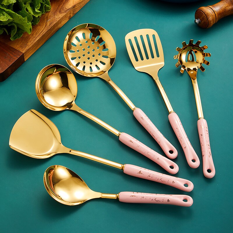 Stainless Steel Cookware Set Gold Cooking Pot Accessories Set Non Stick Spatula Shovel Spoon Kitchen Utensils Luxury Kitchenware: 6 pcs Pink