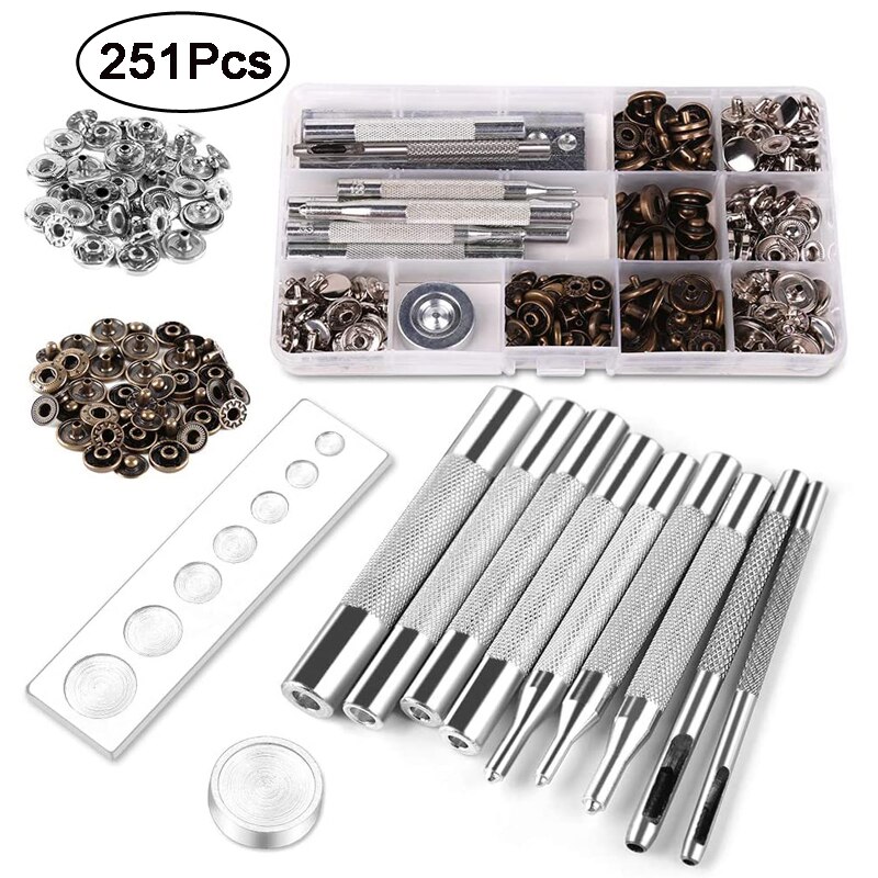 LMDZ Leather Snap Fasteners Kit Metal Button Snaps Press Studs With Installation Tools for Clothing, Leather, Jacket, Jeans Wear: 251pcs
