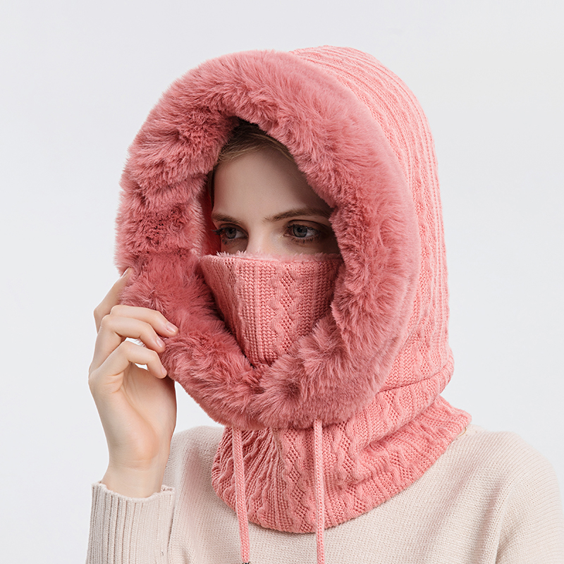 Talviturkis lippis maski setti hupullinen naisille neulottu kashmir kaula lämmin balaclava suksi tuulenpitävä hattu paksu pehmoinen pörröinen pipot huppu: Iho punainen