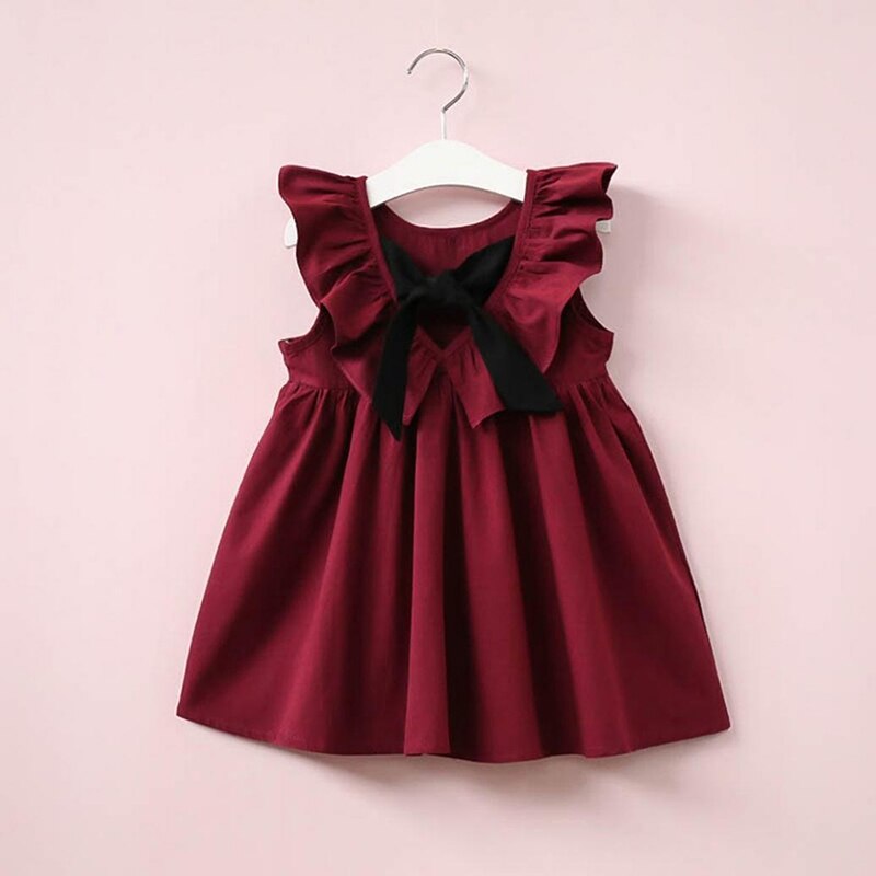 Abbigliamento per bambini abito da bambina senza maniche a pieghe senza schienale in cotone abito coreano per bambini abito da bambina senza schienale estivo: Wine red / 90cm