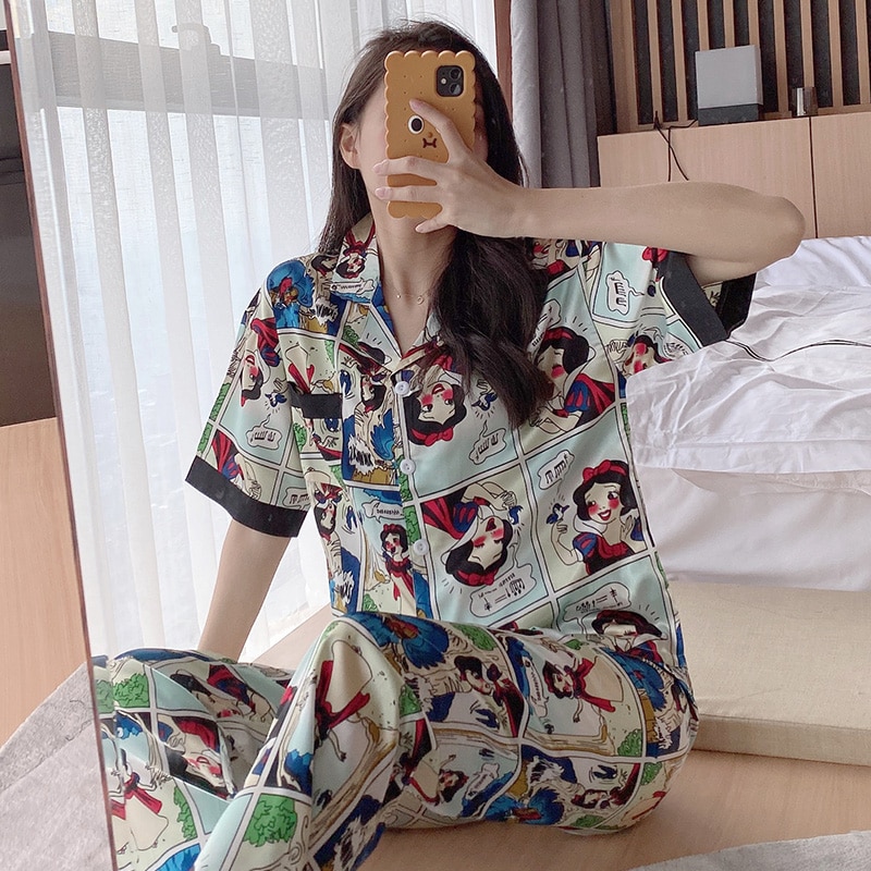Pyjama drôle printemps et été pour femmes à manches courtes et pantalons longs 2 pièces ensembles de pyjama décontractés pyjama femme vêtements de nuit en soie