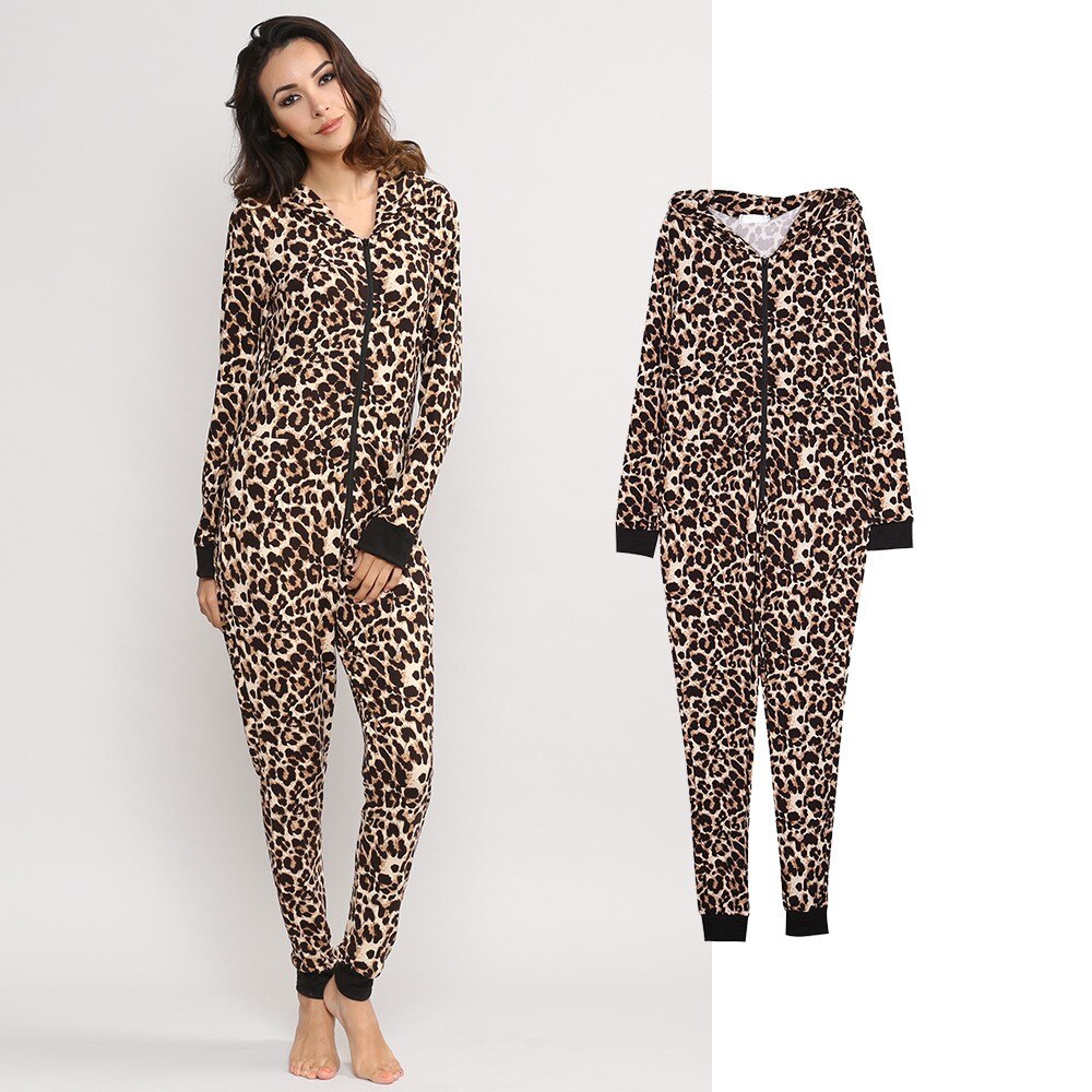 Centuryestar Leopard Printing Home Jumpsuit Tracksuit Pajamas Onesie 95% Polyester 5% Spandex Long Sleeve Adults Onesie Women