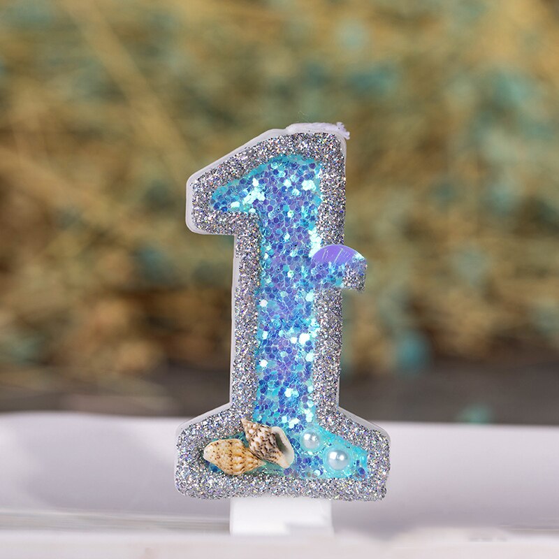 1PC Blue sea shell Glitter Number Birthday Candles Cake Topper Birthday Wedding Digital Cakes Dessert Decor Birthday Decoration: 1