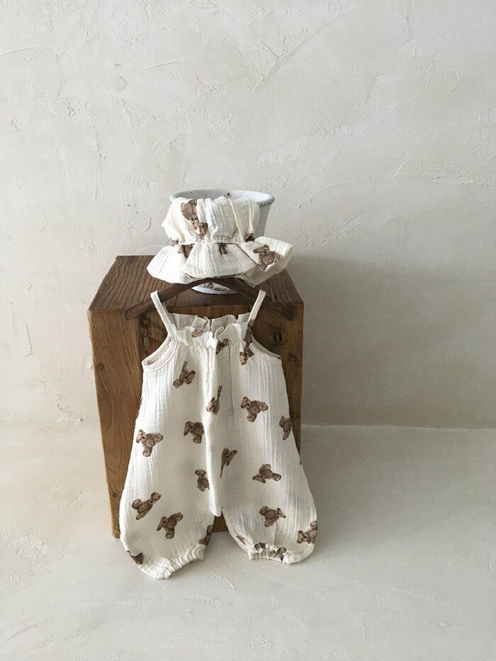 Novo macacão de urso para bebês, verão, 2021, macacão de algodão para crianças pequenas, calças com alça, estampa fofa de urso, calças de bebê menina