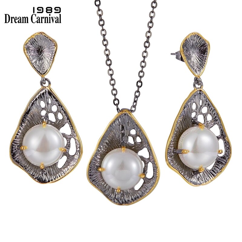 Dreamcarnival1989 Feminine Necklace & Earrings Set for Women Gothic Pearl on Leaves Party Must Have Jewelry EP3982S2: Default Title