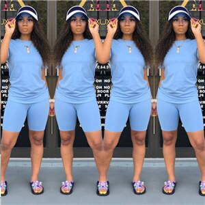 Adogirl Solid Casual Two Piece Set Women Tracksuit O Neck Short Sleeve T shirt Top + Shorts Sportswear Female Clothing: light blue set / L