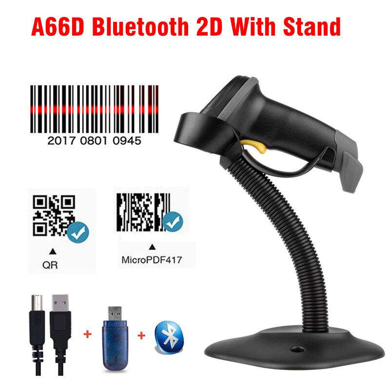 Leitor de código de barras sem fio, leitor de código de barras compatível com bluetooth 2.4g, 1d 2d pdf417 com base carregadora automática: A66D BL 2D Stand