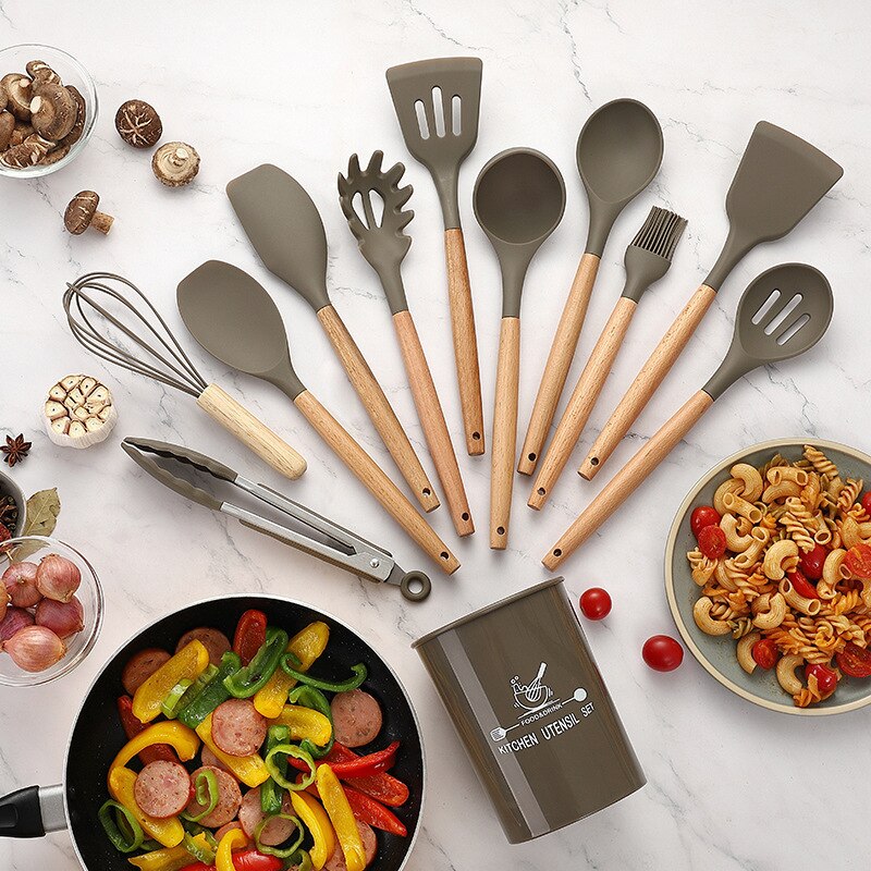 12 Stks/set Food Grade Siliconen Koken Gereedschap Keuken Non-stick Ei Kloppers Spatel Keukengerei Huishouden Houten Handvat Item: Brown