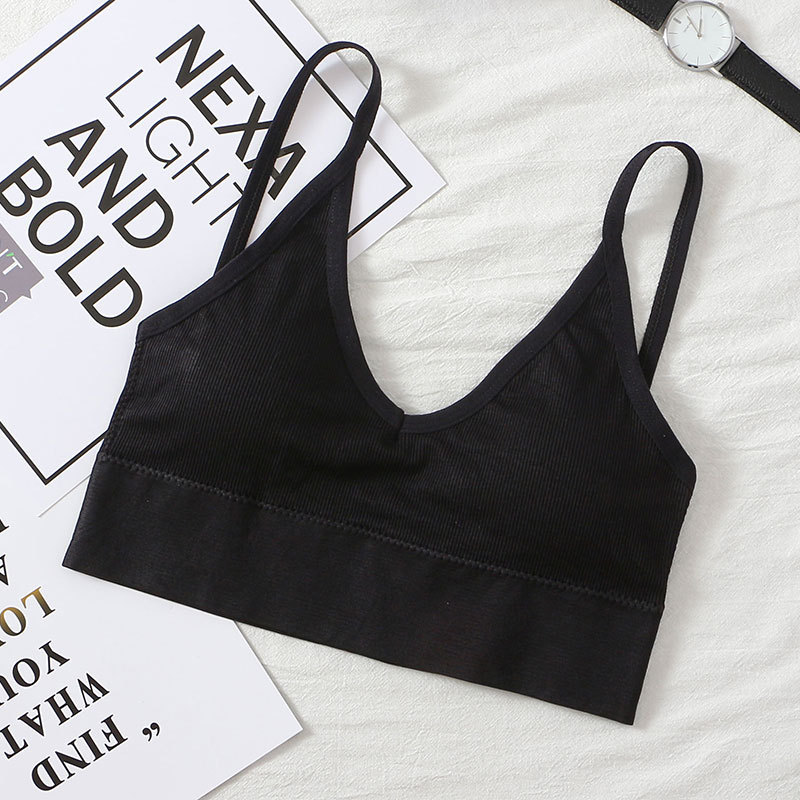 ATHVOTAR Women V-Neck Tube Top Bralette Soild Color Push Up Bra Padded Wireless Thin Shoulder Strap Top Bra Underwear: black
