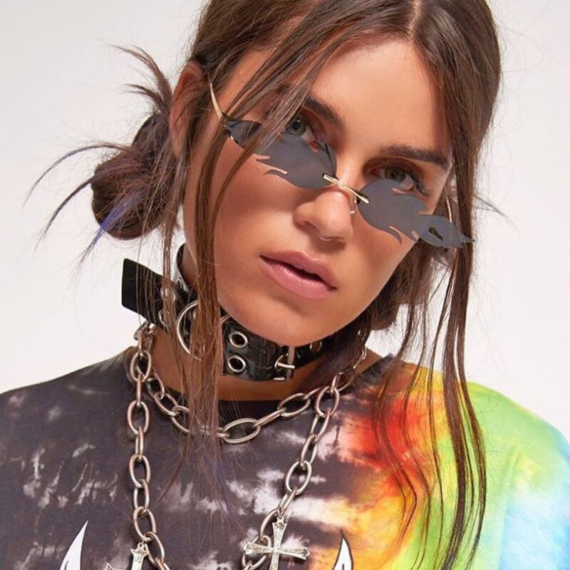Uv 400 Brillen Randlose Welle Sonnenbrille Feuer Flamme Sonnenbrille Streetwear Auto Fahren Brille Trend