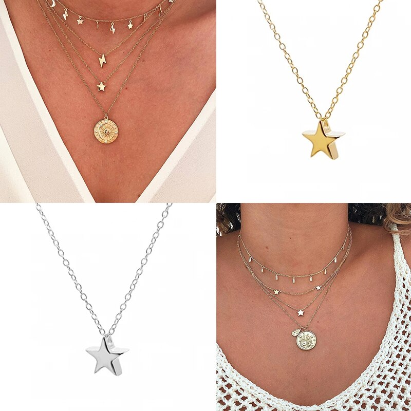 ROXI 925 Sterling Silver Necklace For Women Girls Minimalism Star Pendant Link Chain Collares Gold Plated Fine Jewelry Bijoux