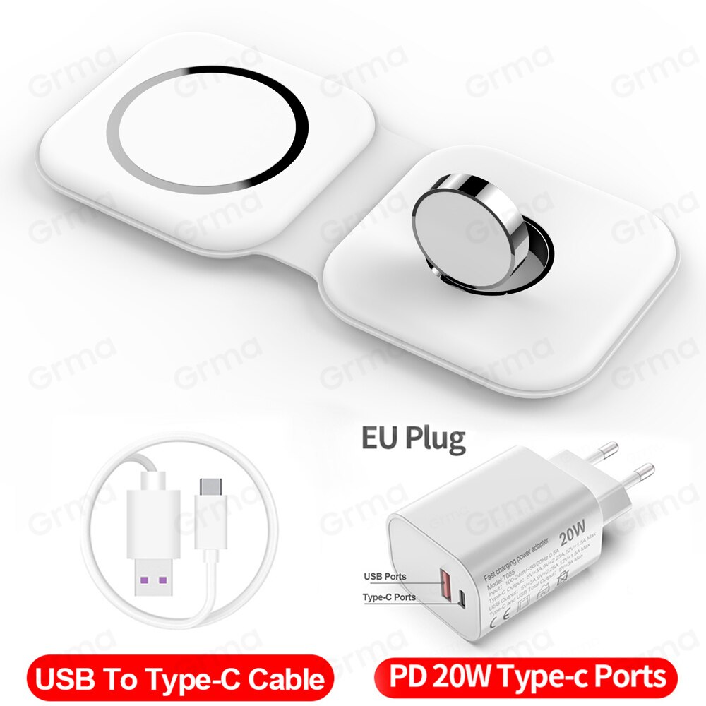 Caricabatterie Duo Wireless magnetico sicuro GRMA 2 in 1 Mag per iPhone 12 Pro Max mini 15W Qi caricabatterie rapido per Apple Watch iWatch AirPods: White With US Plug