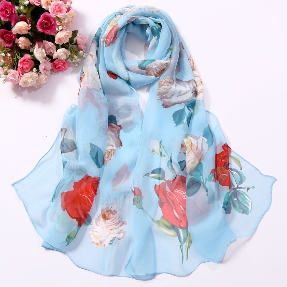 Foulard en mousseline de soie Georgette pour femmes, fleur de Rose, Foulard pour femmes, châle, Bandana , Protection solaire pour la plage: Light blue
