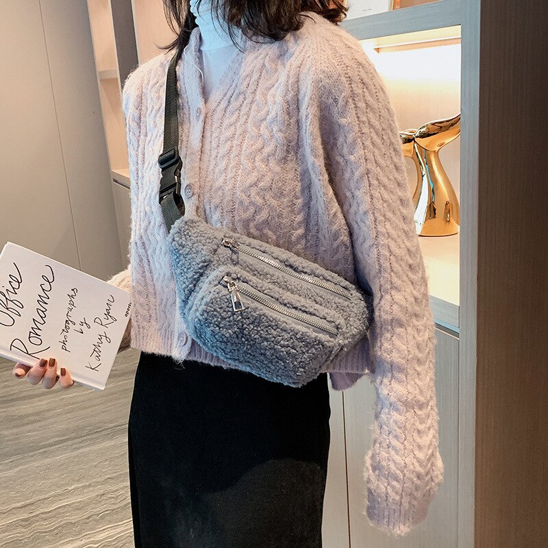 Moda Crossbody torby dla kobiet jagnięta wełna pojedyncze ramię krzyż torba na klatkę piersiowa słodkie pluszowe panie talii torba puszyste kobiece torebki