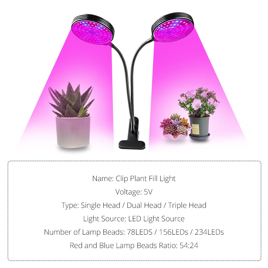 USB LED Plant Grow Light Full Spectrum 1/2/3 Heads Dimmable Timing Phyto Lamp For Plant Greenhouse Indoor Grow Box Tent Fitolamp