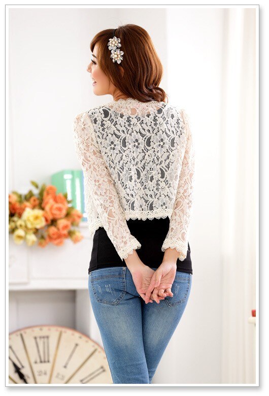 Frühling Frau Schwarz Spitze Jacke Schal Wilden Braut Party Hochzeit Damen Bolero Langen Ärmeln