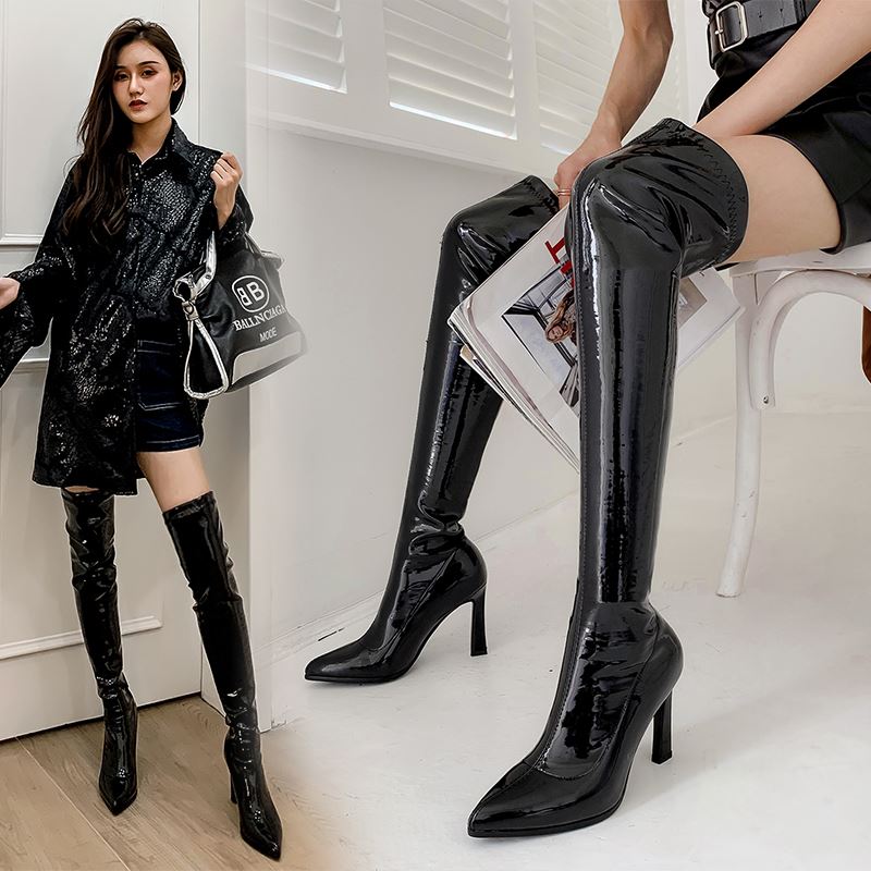 Morazora Grote Maat 34-43 Lakleer Stretch Laarzen Vrouwen Hoge Hakken Over De Knie Laarzen Herfst Winter dij Hoge Laarzen