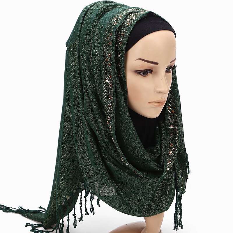 Enfärgad svart vit grön vanligt huvud hijab halsduk bandana dam diamant glitter lång viskos tofs fransar halsdukar