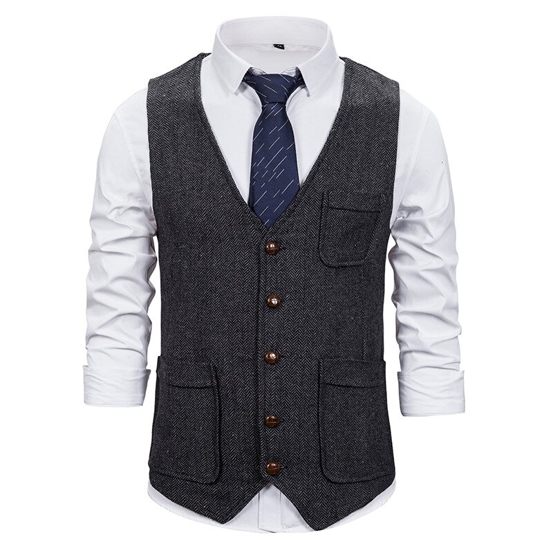 Kjole veste til mænd afslappet sildeben dobbelt lommer chaleco hombre herre bryllup forlovere business vest: Sort / Xl