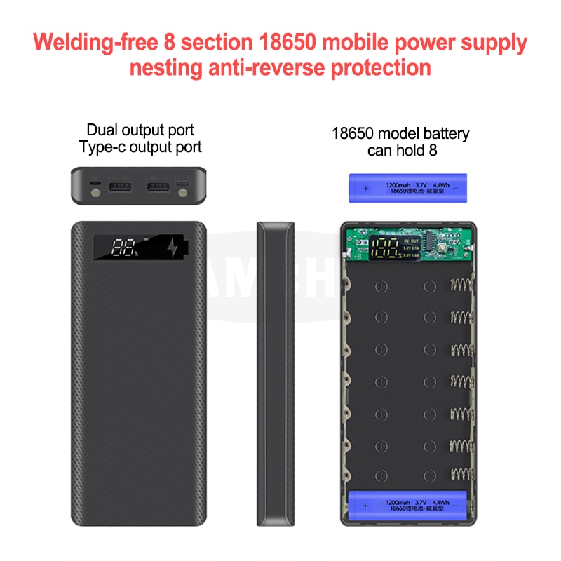 Type c usb batteriboks oplader etui til iphone 11 x samsung  s10 plus med detail pakke 8*18650 5v dobbelt usb power bank shell