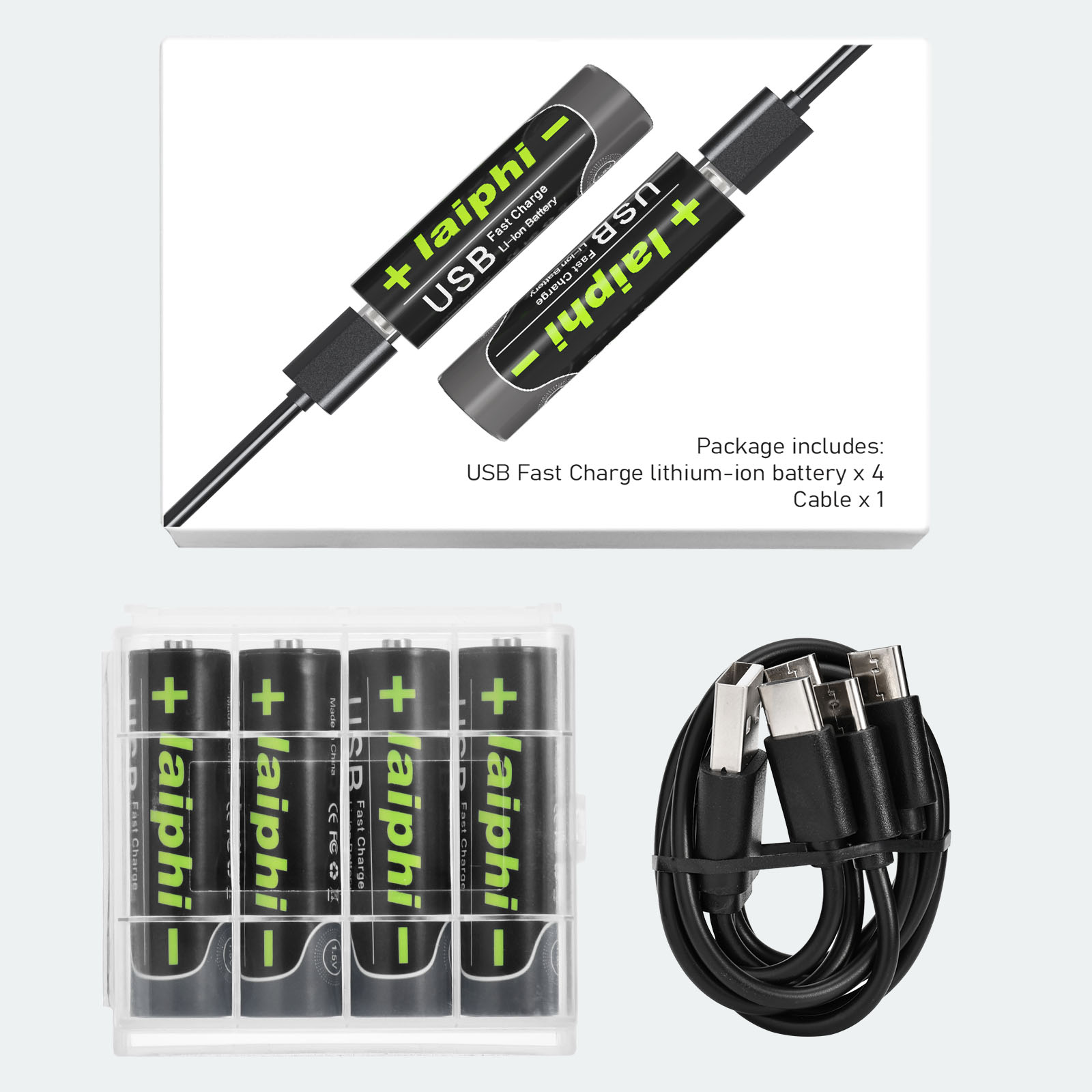 laiphi USB wiederaufladbar1,5 V Lithiumbatterie Pile1,5 V AA USB C wiederaufladbarer Akku, 4-in-1-Kabel, AA 3000 mWh AAA 1110 mWh: Grau